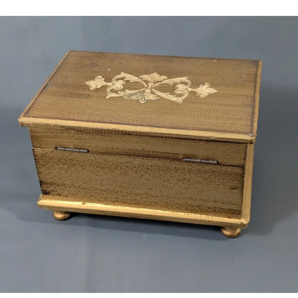 Vintage Gold Wood Jewelry Box Red Velvet Lined Cantilever Tray Scrollwork
